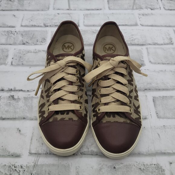 MK Michael Kors Logo Sneakers Brown Tan Canvas Leather Cap Toe Size 6.5 - Picture 2 of 10